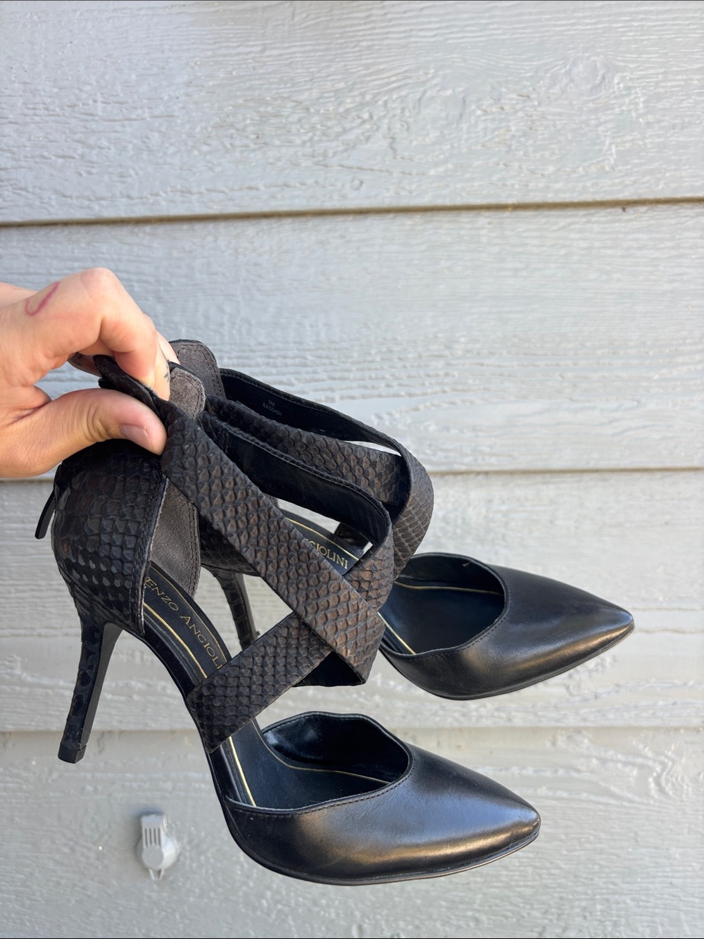 Enzo Angiolini Black Crisscross Snake-Texture Pointed-Toe Heels